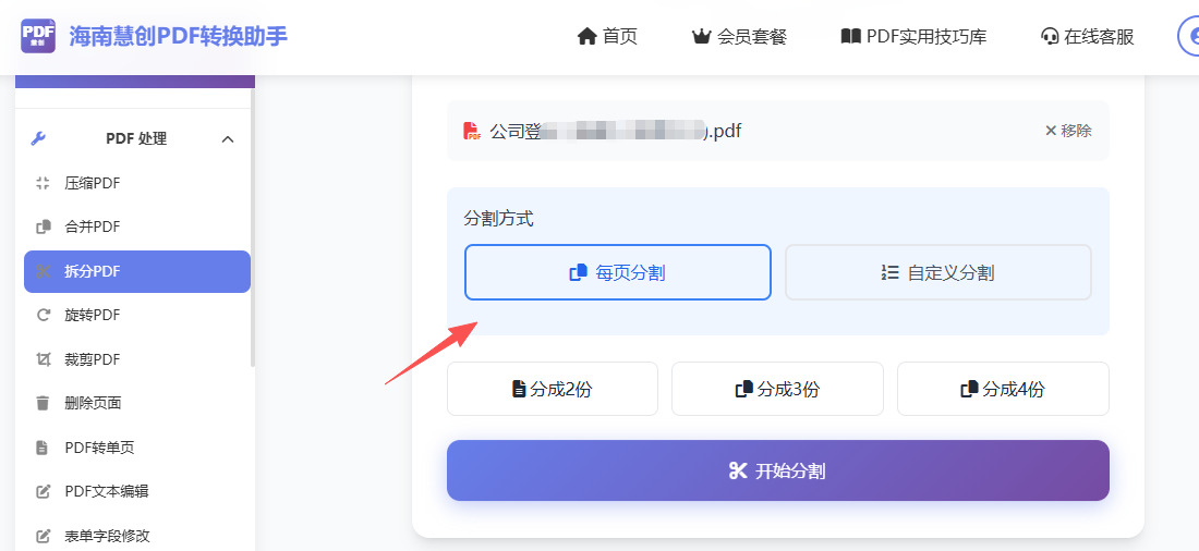 拆分PDF第二步设置页面范围